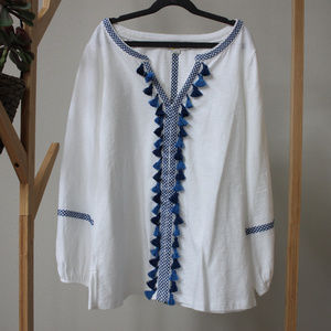 Boden White Cotton Top with Tassels and Embroidery